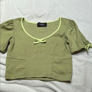 Cider Green Ribbed Puff Sleeve Crop Top
